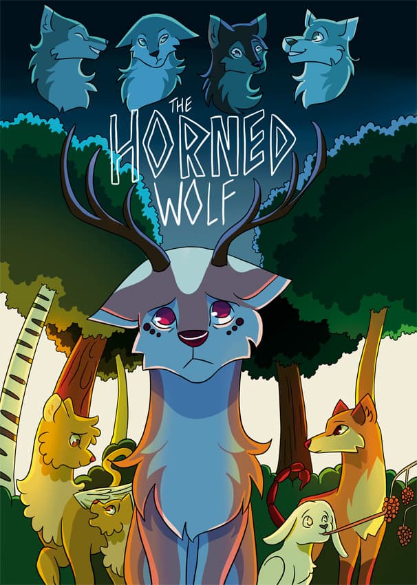 Illustrated cover of a short comic titled "The Horned Wolf." A solemn blue creature with antlers, wolf-like features, and pink eyes stands in the center of a sunlit forest. Around them are various colorful forest animals, including foxes, deer, and a rabbit eating berries, all appearing curious or concerned. Above the trees, glowing blue heads of five wolves float in the dark sky, facing inward toward the title. The title "The Horned Wolf" is written in sharp, stylized white letters.