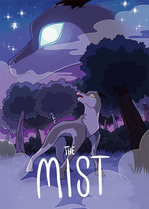 Illustrated cover of a short comic titled "The Mist." A mysterious, ghostly canine with glowing eyes looms in the starry sky above a misty forest. Below, a smaller dog-like creature stands alert in a clearing, looking up with concern. The scene is bathed in purples and blues, evoking a mystical, eerie atmosphere. The title "The Mist" is written in large, white, flowing letters at the bottom.